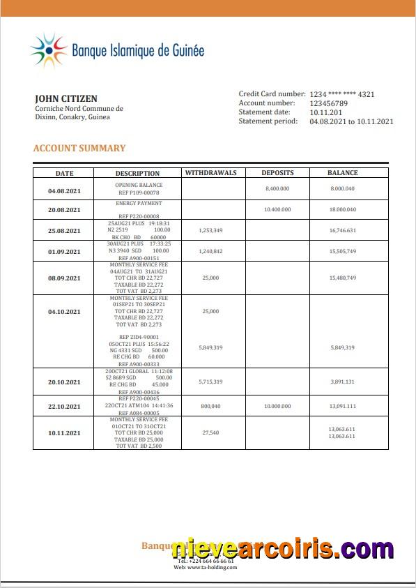 Guinea Banque Islamique de Guinée proof of address bank statement in Word and PDF format